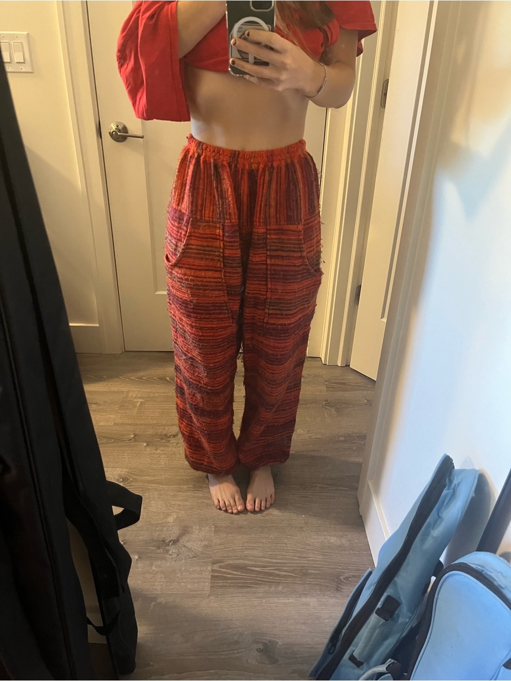 Wide Leg Striped Red Casual Pants with Elastic Waist